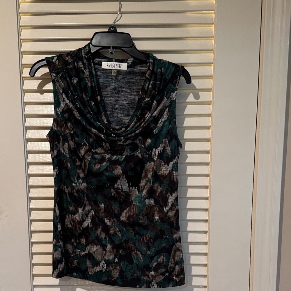 Kasper Women's Cowl Neck Tank Top - Black, Gray and Green Pattern